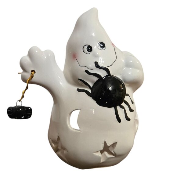 Ceramic Ghost and Spider Tea Light Holder Halloween Decor Candleholder - Picture 12 of 16